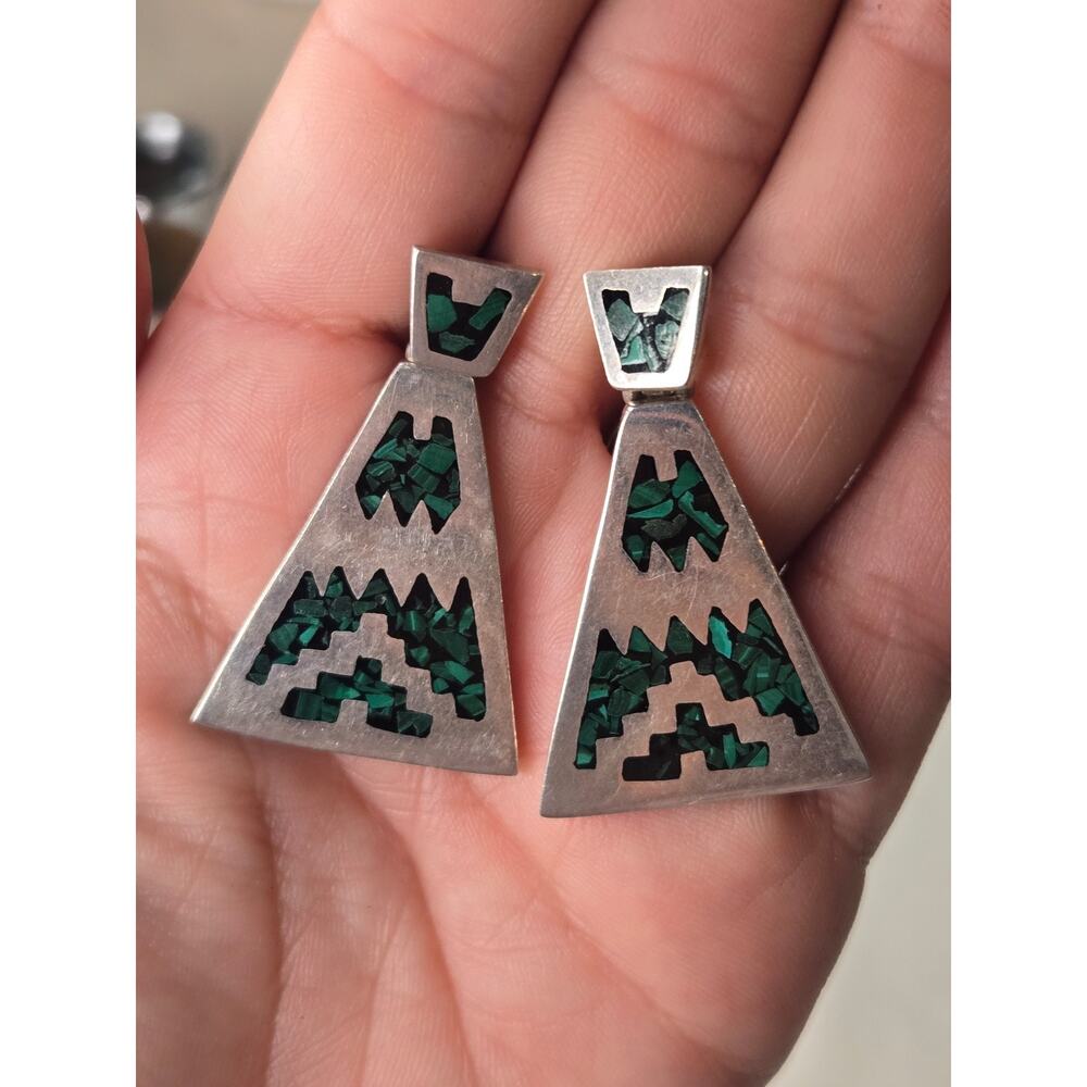 Vintage Mexico sterling silver malachite earrings stamped